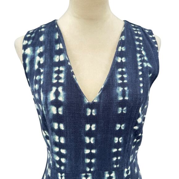 J. Crew Navy Blue Tie Dye Print Woven Canvas 100% Cotton V-neck Sheath Dress - Picture 5 of 12